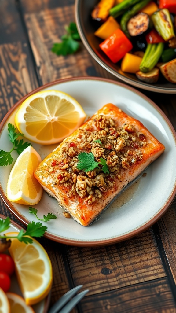 Walnut-crusted salmon fillets, garnished with parsley and lemon wedges, served with roasted vegetables on a rustic table.